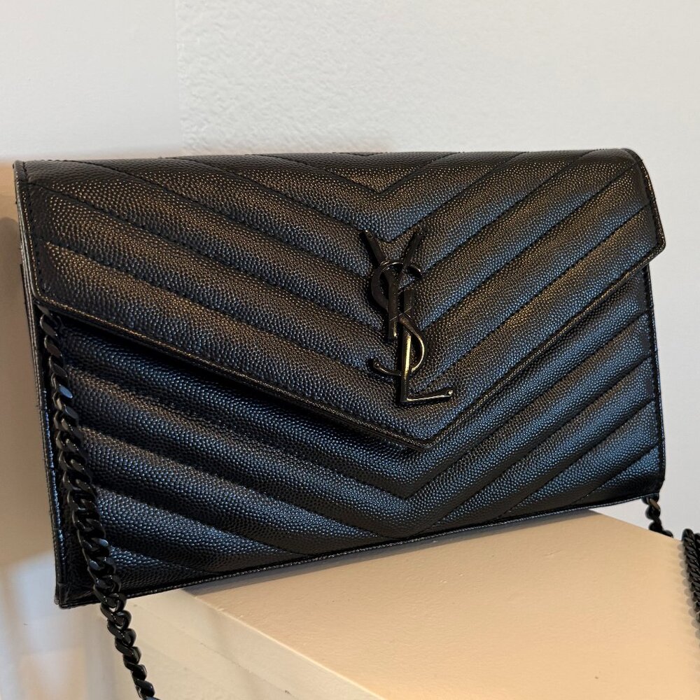 YSL Classic Chain Wallet (chevron-quilted leather, monogram YSL)